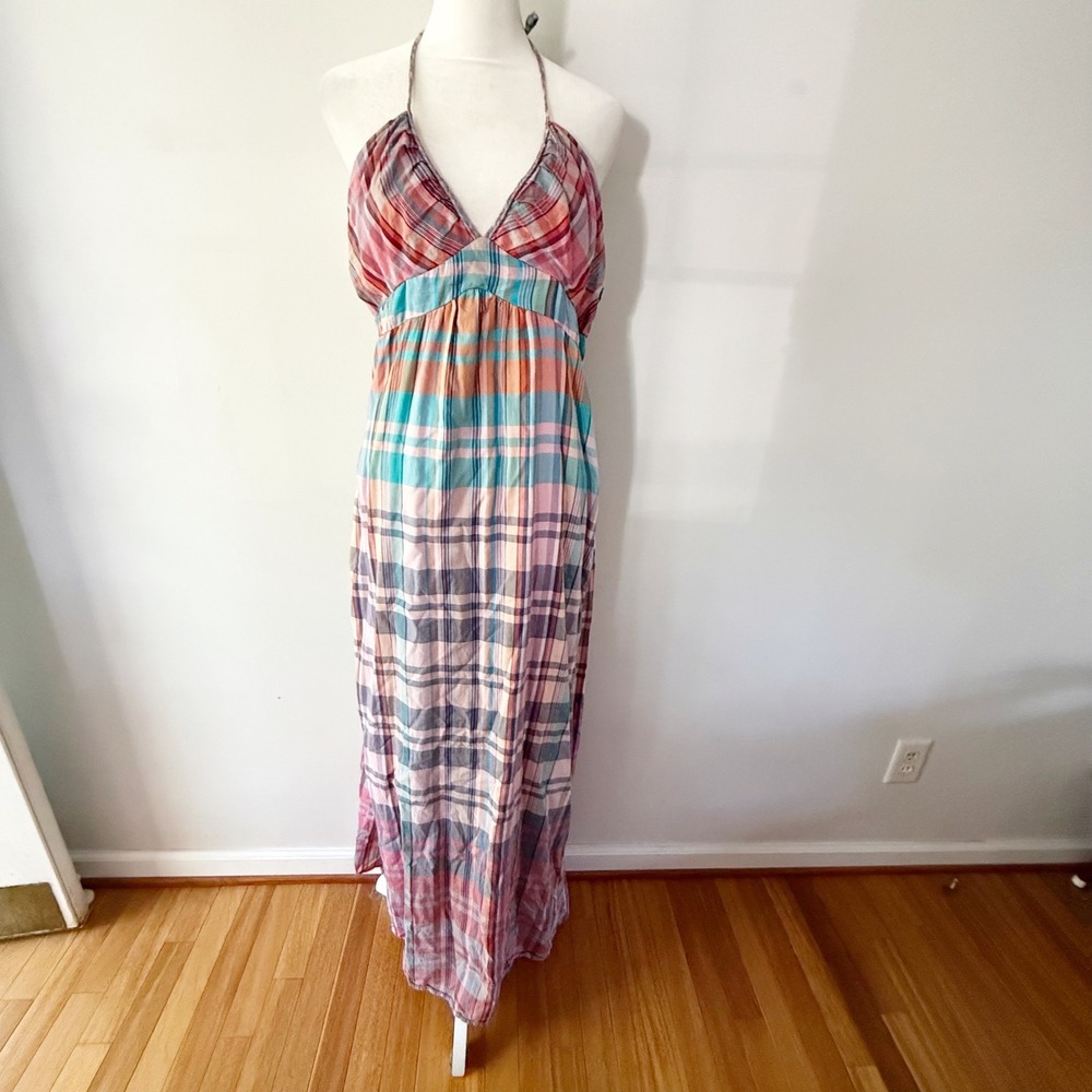 Vintage Y2K Babydoll Maxi Dress Women Medium Madras Plaid Halter Boho Beach